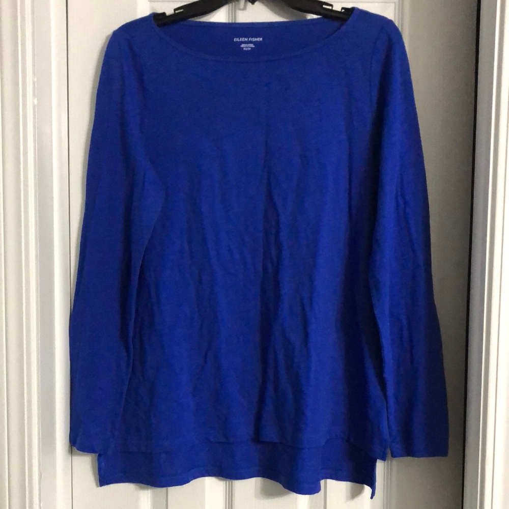 Eileen Fisher Long Sleeve Boatneck High-Low Hemline 100% Cotton Shirt in Blue